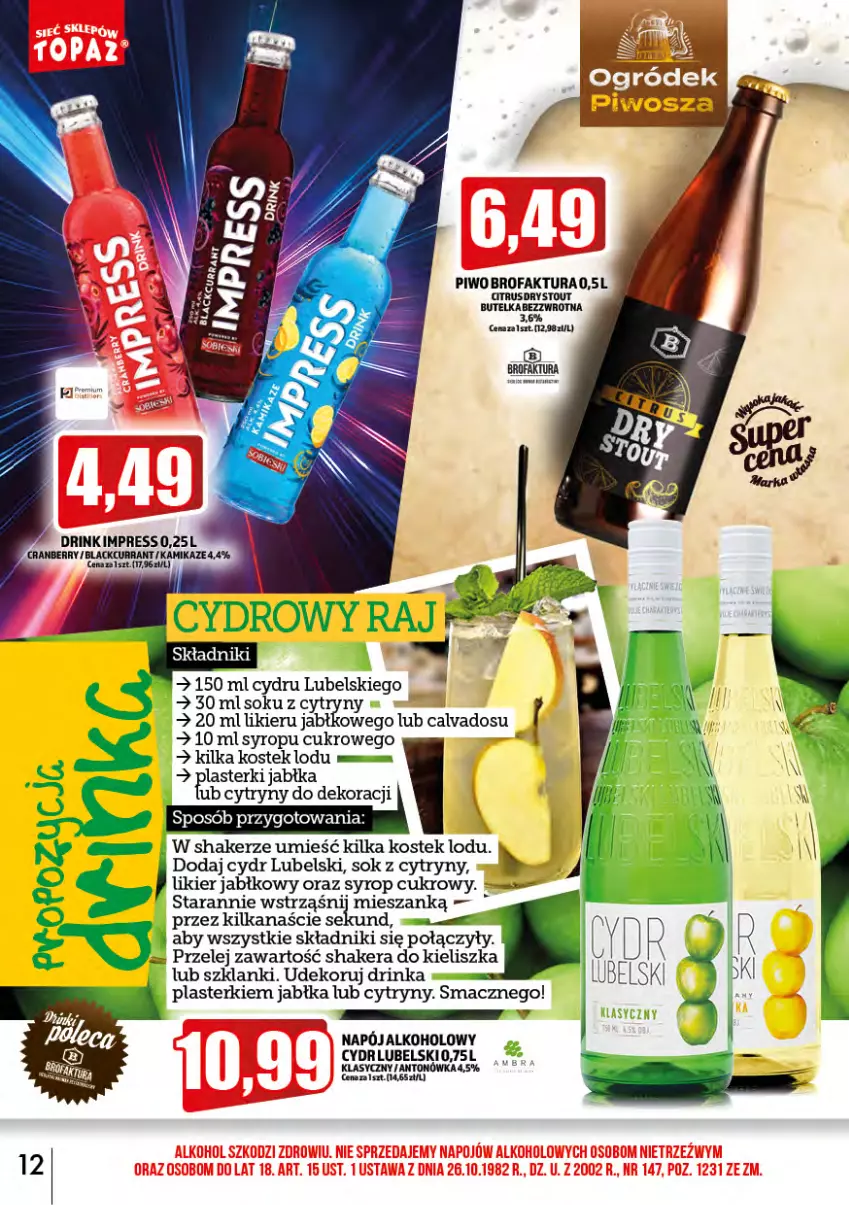 Gazetka promocyjna Topaz - Gazetka - ważna 01.09 do 30.09.2023 - strona 12 - produkty: Cytryny, Fa, Inka, Jabłka, Lanki, Likier, Napój, Piwo, Plasterki, Sok, Stek, Syrop