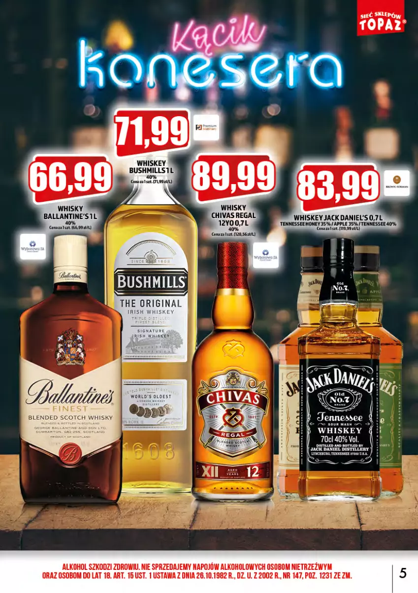 Gazetka promocyjna Topaz - Gazetka - ważna 01.09 do 30.09.2023 - strona 5 - produkty: Ballantine's, Bushmills, Gin, Jack Daniel's, Whiskey, Whisky