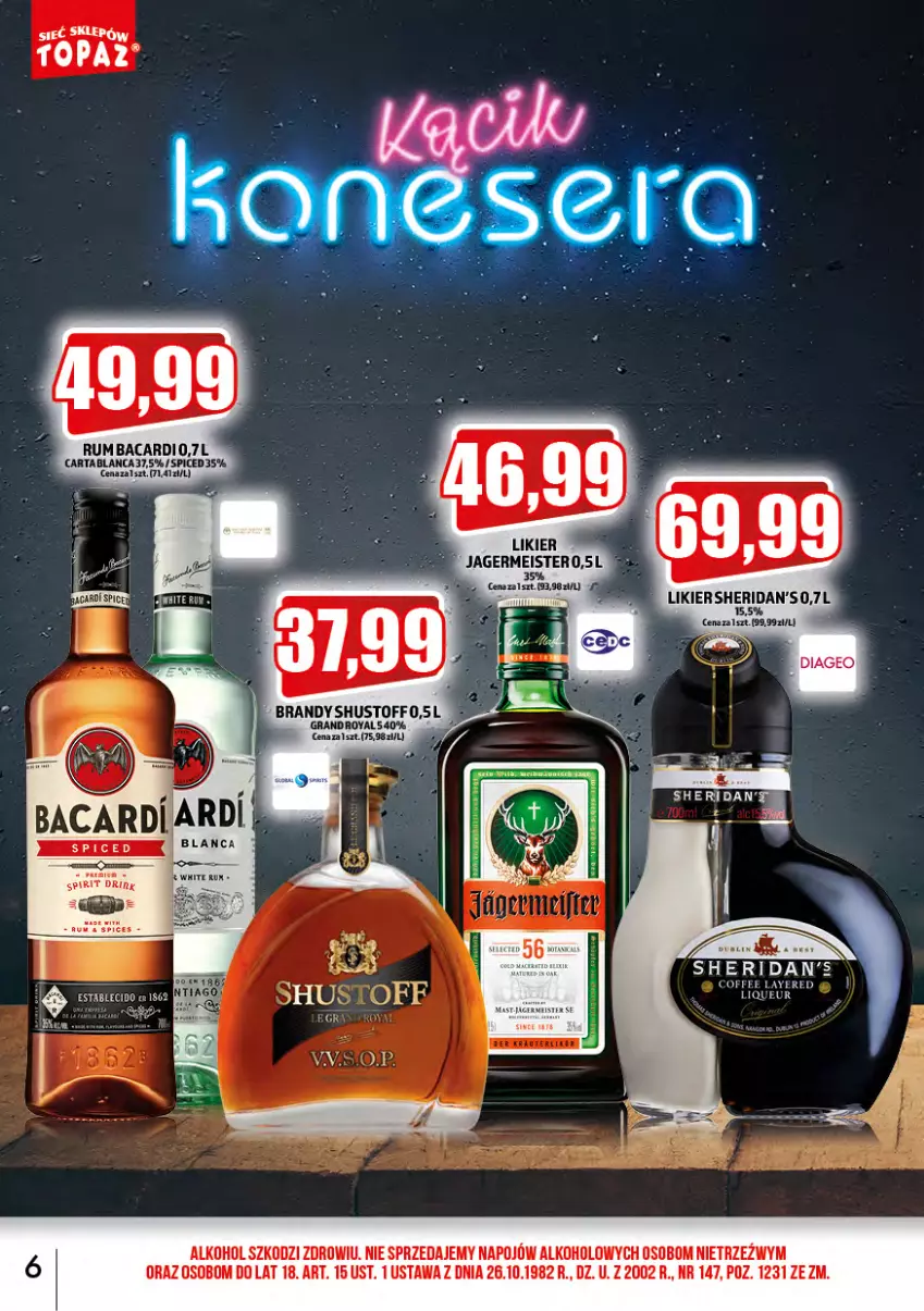 Gazetka promocyjna Topaz - Gazetka - ważna 01.09 do 30.09.2023 - strona 6 - produkty: Bacardi, Jagermeister, Likier, Rum, Top