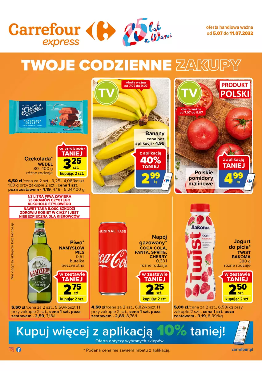 Gazetka promocyjna Carrefour - Gazetka Express - ważna 05.07 do 11.07.2022 - strona 1 - produkty: Bakoma, Coca-Cola, Czekolada, Fa, Fanta, Jogurt, Kosz, Namysłów, Napój, Napój gazowany, Piwo, Pomidory, Sprite