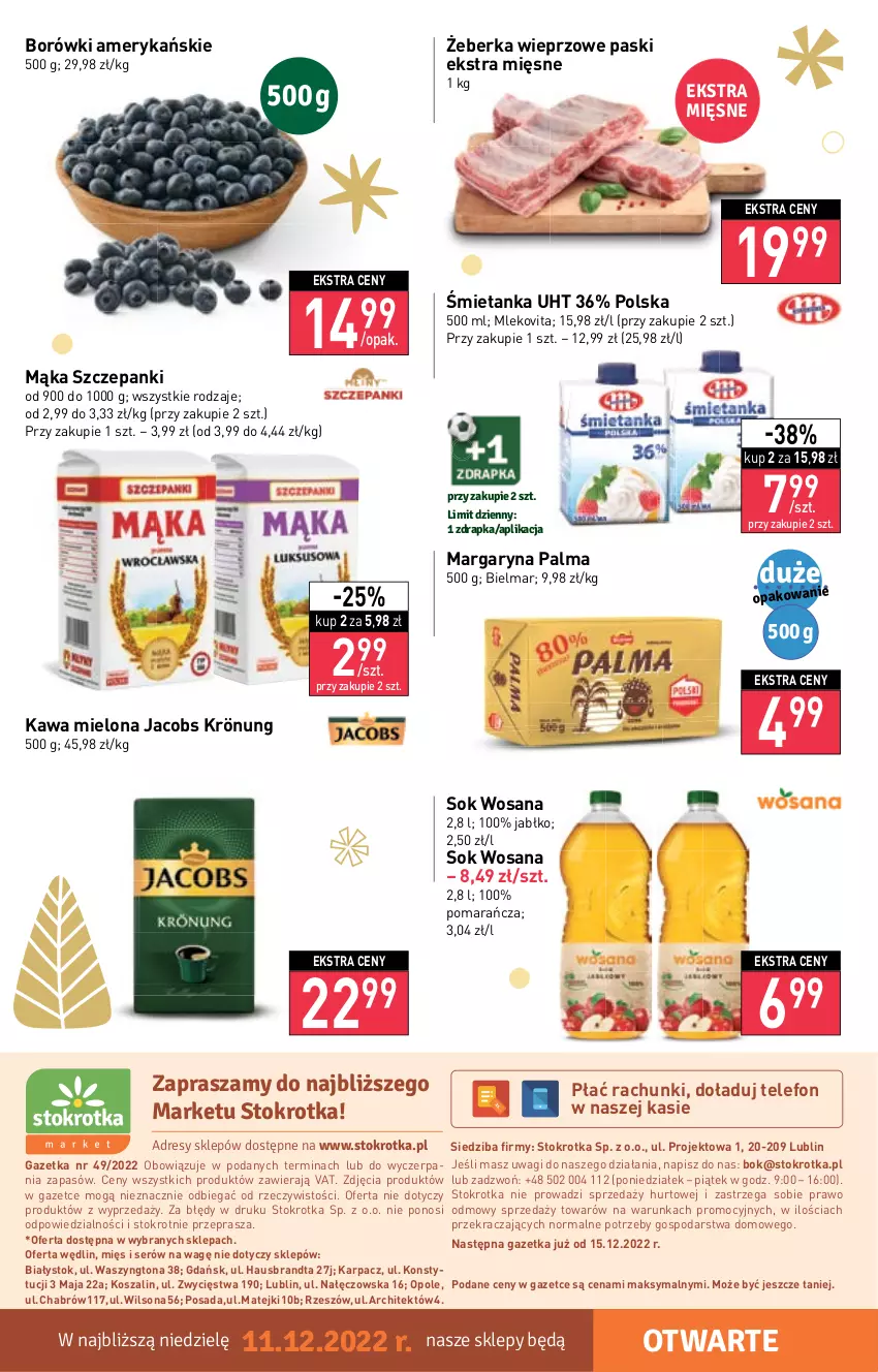 Gazetka promocyjna Stokrotka - Market - ważna 08.12 do 14.12.2022 - strona 12 - produkty: Dres, Jacobs, Jacobs Krönung, JBL, Karp, Kawa, Kawa mielona, Kosz, Mąka, Margaryna, Mleko, Mlekovita, O nas, Palma, Ser, Sok, Szal, Telefon, Wagi, Wilson, Wosana