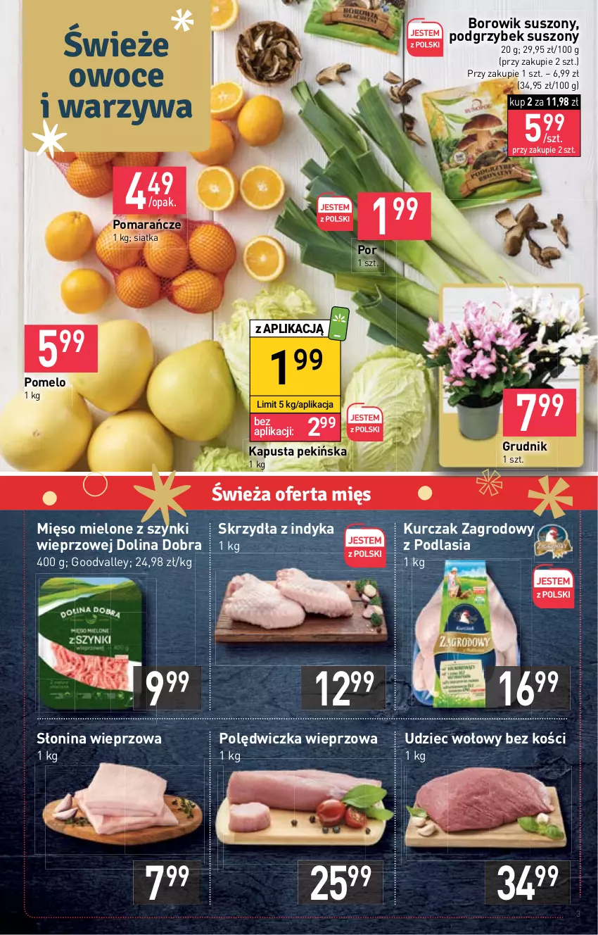 Gazetka promocyjna Stokrotka - Market - ważna 08.12 do 14.12.2022 - strona 3 - produkty: Kurczak, Mięso, Mięso mielone, Mięso mielone z szynki, Owoce, Polędwiczka wieprzowa, Pomarańcze, Pomelo, Por, Siatka, Udziec wołowy, Warzywa