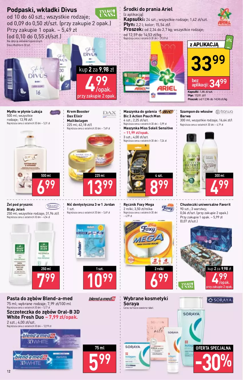 Gazetka promocyjna Stokrotka - Supermarket - ważna 19.01 do 25.01.2023 - strona 12 - produkty: Ariel, Biały Jeleń, BIC, Blend-a-Med, Booster, Chusteczki, DAX, Fa, Foxy, Kolagen, Luksja, Maszynka, Maszynka do golenia, Mydło, Mydło w płynie, Nić dentystyczna, Pasta do zębów, Podpaski, Ręcznik, Rolki, Szampon, Szczoteczka, Szczoteczka do zębów, Szynka, Wkładki