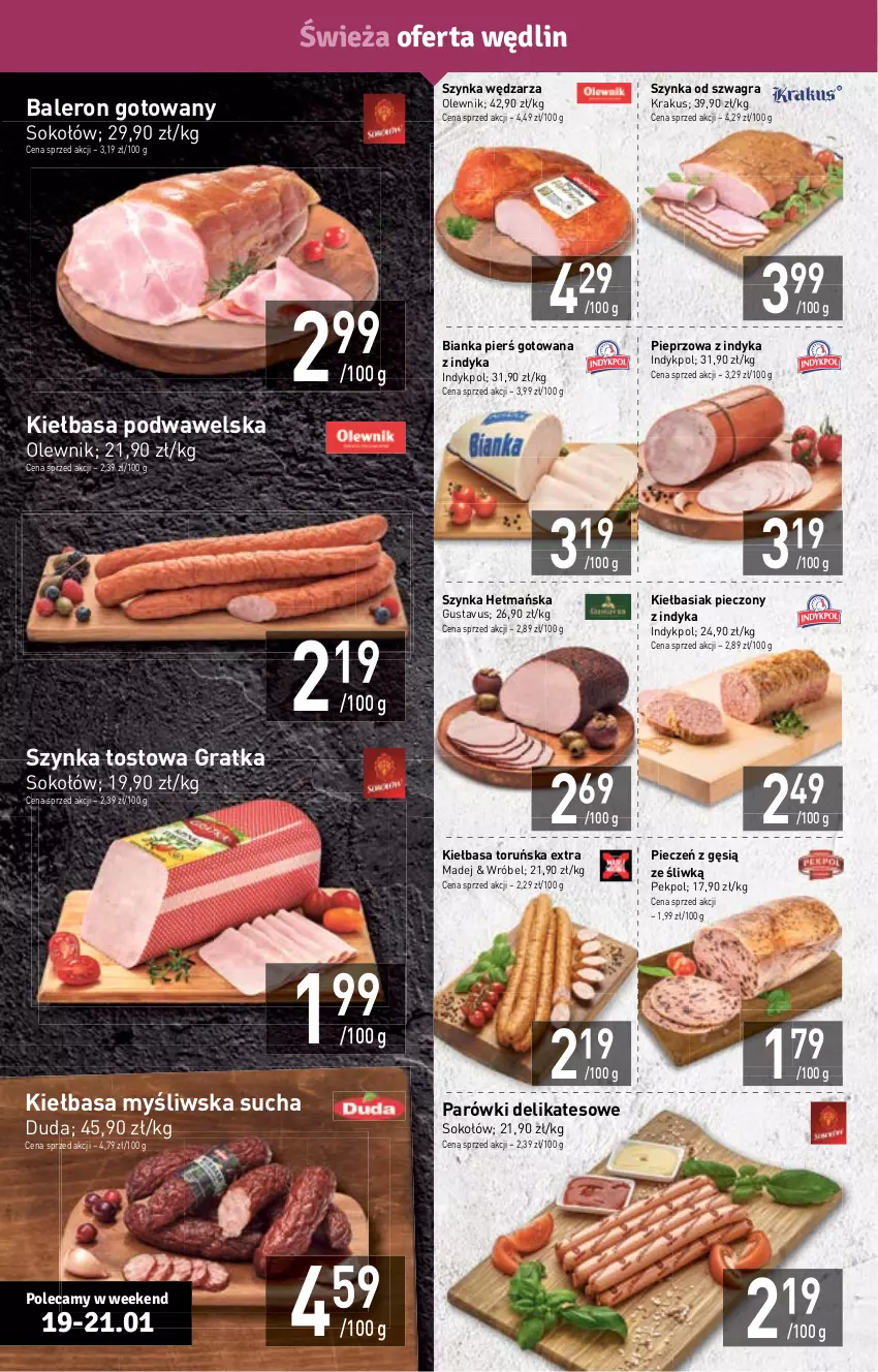 Gazetka promocyjna Stokrotka - Supermarket - ważna 19.01 do 25.01.2023 - strona 4 - produkty: Basia, Bianka, Duda, Gra, Kiełbasa, Kiełbasa podwawelska, Krakus, Olewnik, Parówki, Pekpol, Piec, Pieprz, Sok, Sokołów, Szynka, Wawel