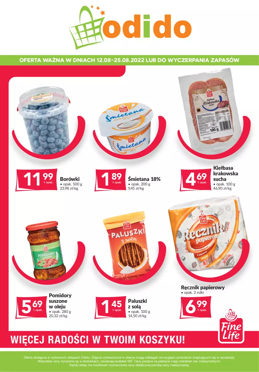 Gazetka promocyjna Odido - Super Oferty! - ważna 12.08 do 25.08.2022 - strona 1 - produkty: Kiełbasa, Kiełbasa krakowska, Kosz, Olej, Papier, Pomidory, Ręcznik, Rolki