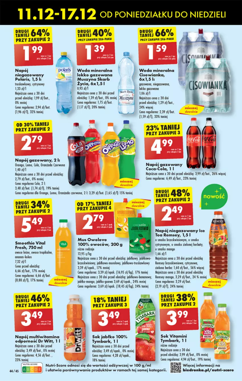 Gazetka promocyjna Biedronka - Od poniedzialku - ważna 11.12 do 16.12.2023 - strona 48 - produkty: Cisowianka, Coca-Cola, Ice tea, Kosz, Mango, Mus, Napój, Napój gazowany, Napój niegazowany, Oranżada, Owoce, Por, Rama, Sok, Szyna, Tymbark, Woda, Woda mineralna