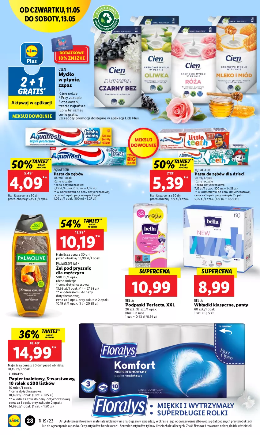 Gazetka promocyjna Lidl - GAZETKA - ważna 11.05 do 13.05.2023 - strona 34 - produkty: Aquafresh, Bell, Bella, Dzieci, Flora, Gra, Mydło, Mydło w płynie, Palmolive, Papier, Papier toaletowy, Pasta do zębów, Perfecta, Podpaski, Rolki, Wkładki