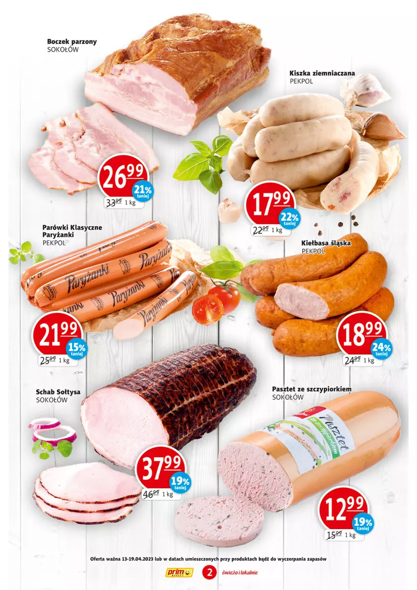 Gazetka promocyjna Prim Market - ważna 13.04 do 19.04.2023 - strona 2 - produkty: Boczek, Parówki, Pasztet, Pekpol, Ryż, Sok, Sokołów