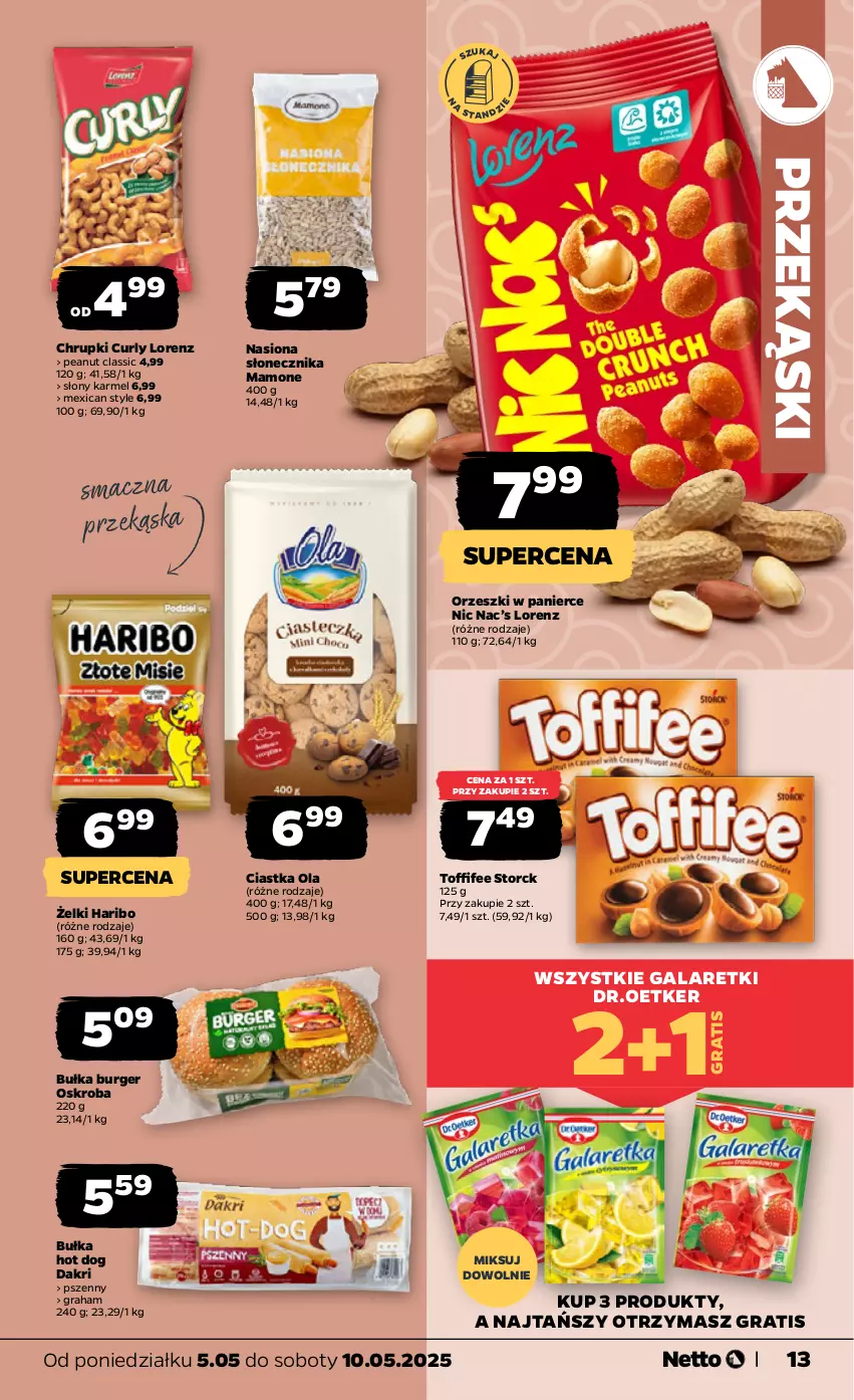 Gazetka promocyjna Netto - Od Poniedziałku - ważna 05.05 do 10.05.2025 - strona 13 - produkty: Bułka, Burger, Chrupki, Ciastka, Gala, Galaretki, Gra, Haribo, Hot dog, Lorenz, Orzeszki, Toffifee