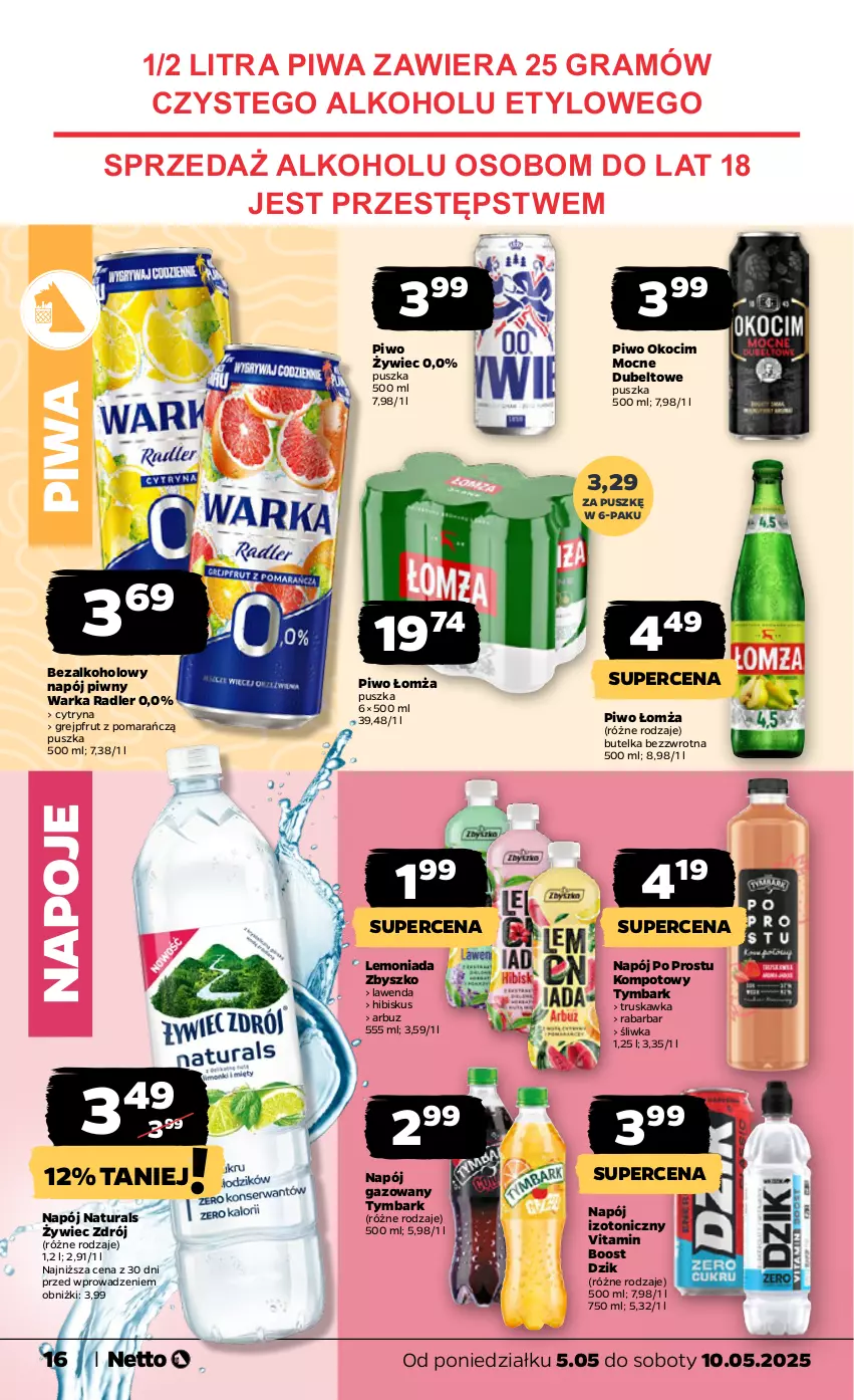 Gazetka promocyjna Netto - Od Poniedziałku - ważna 05.05 do 10.05.2025 - strona 16 - produkty: Arbuz, Gra, Grejpfrut, Hibiskus, Koc, Lemoniada, Napój, Napój gazowany, Napój izotoniczny, Napoje, Okocim, Piwa, Piwo, Radler, Tymbark, Warka