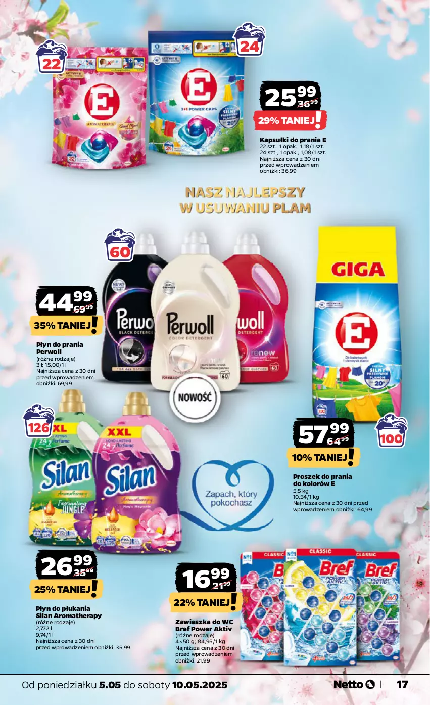 Gazetka promocyjna Netto - Od Poniedziałku - ważna 05.05 do 10.05.2025 - strona 17 - produkty: Bref, Kapsułki do prania, Perwoll, Płyn do płukania, Płyn do prania, Proszek do prania, Silan, Zawieszka do wc
