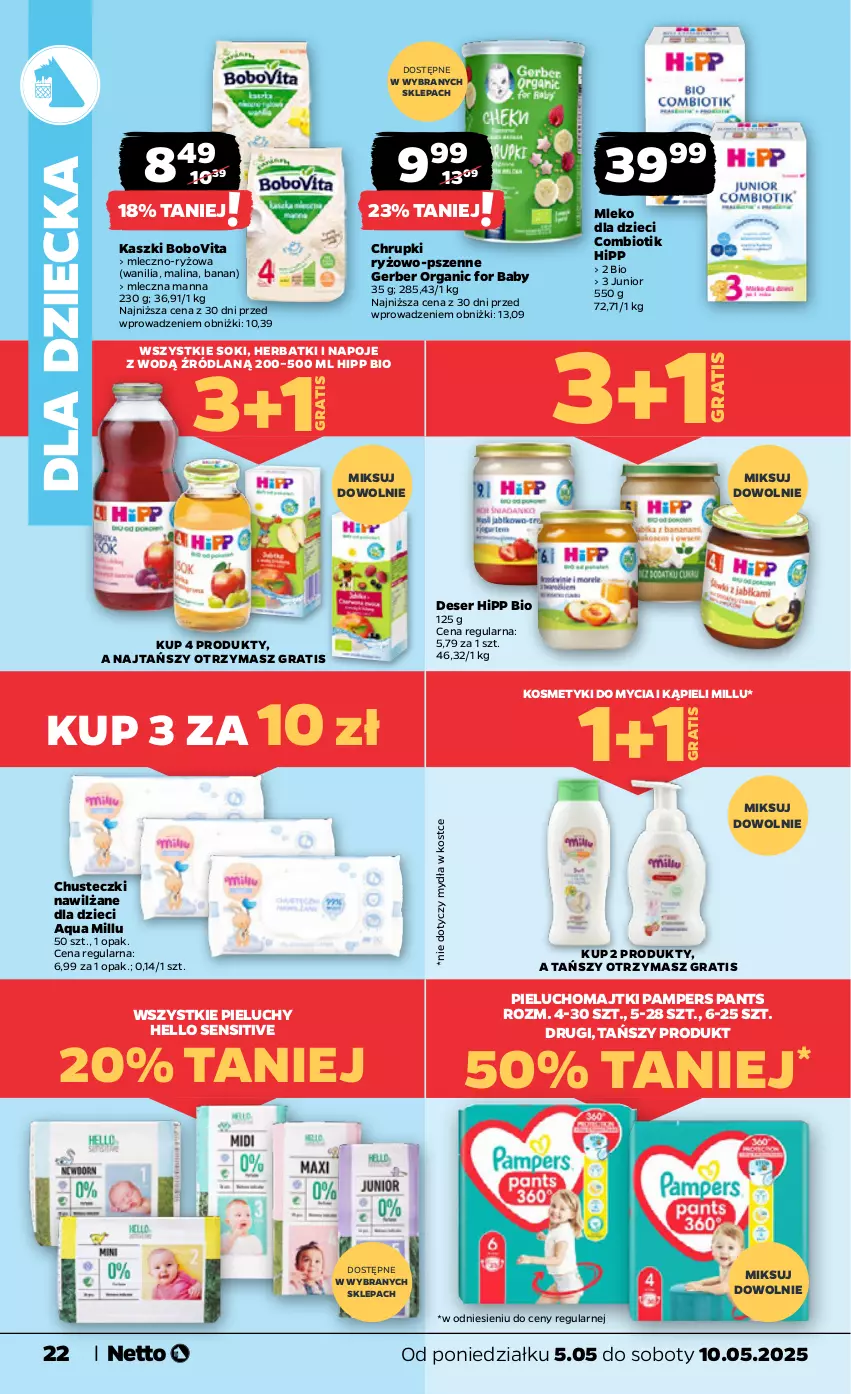 Gazetka promocyjna Netto - Od Poniedziałku - ważna 05.05 do 10.05.2025 - strona 22 - produkty: BoboVita, Chrupki, Chusteczki, Deser, Dzieci, Gerber, Gra, HiPP, Hipp Bio, Majtki, Mleko, Mleko dla dzieci, Napoje, Pampers, Pieluchomajtki, Pieluchy, Ryż, Ser, Sok, Vita C