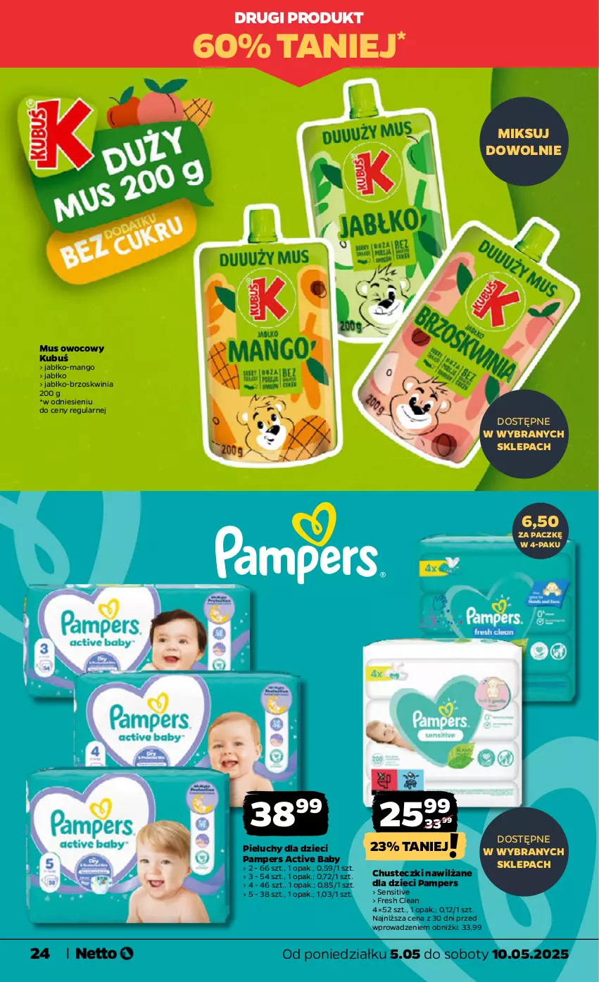 Gazetka promocyjna Netto - Od Poniedziałku - ważna 05.05 do 10.05.2025 - strona 24 - produkty: Chusteczki, Dzieci, Kubuś, Mango, Mus, Pampers, Pieluchy
