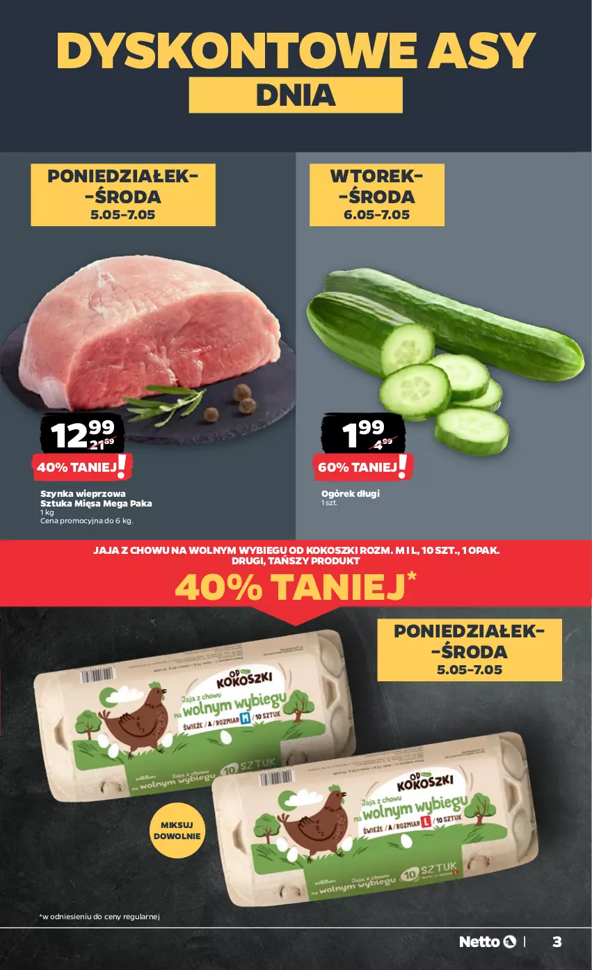 Gazetka promocyjna Netto - Od Poniedziałku - ważna 05.05 do 10.05.2025 - strona 3 - produkty: Jaja, Kokos, Kosz, Ogórek, Szynka, Szynka wieprzowa