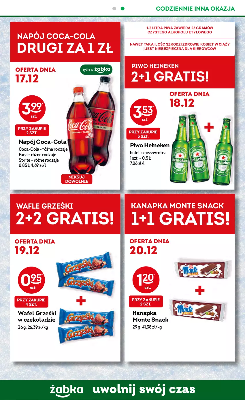 Gazetka promocyjna Żabka - ważna 14.12 do 20.12.2022 - strona 3 - produkty: Coca-Cola, Fa, Gra, Grześki, Heineken, Monte, Napój, Piec, Piwa, Piwo, Sprite