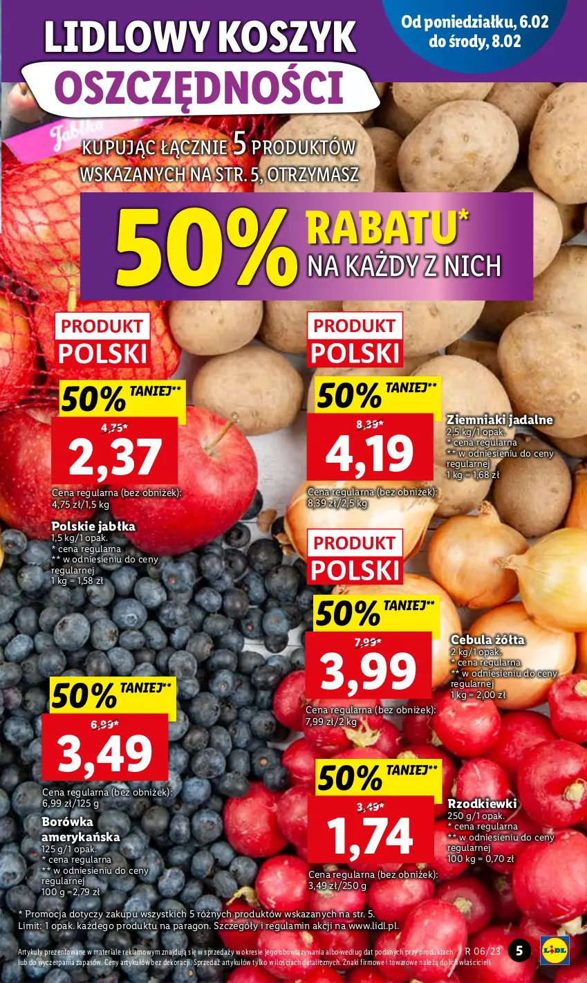 Gazetka promocyjna Lidl - GAZETKA - ważna 06.02 do 08.02.2023 - strona 5 - produkty: Borówka, Borówka amerykańska, Cebula, Jabłka, Kosz, Ziemniaki