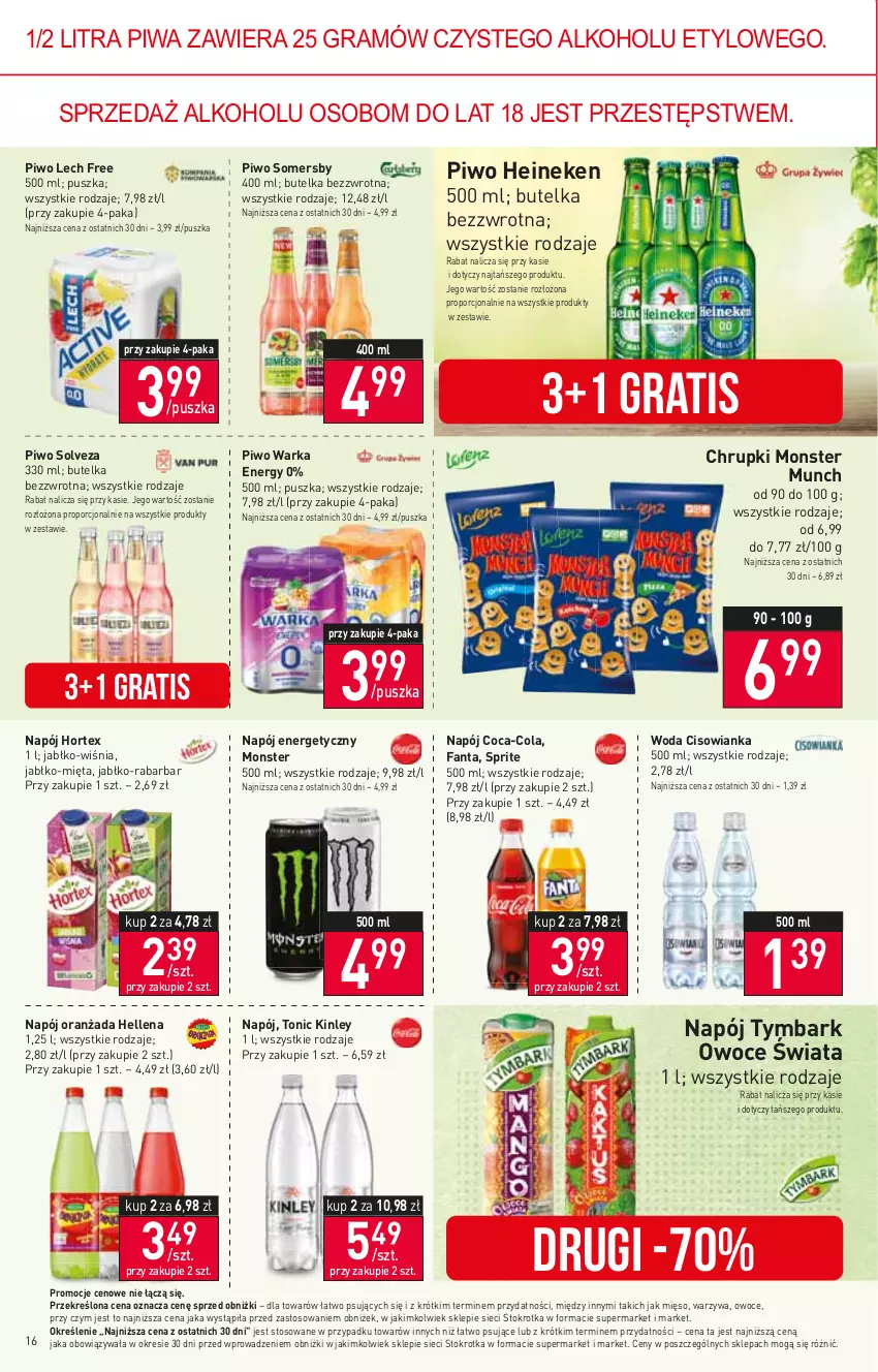 Gazetka promocyjna Stokrotka - Supermarket - ważna 28.12.2023 do 03.01.2024 - strona 17 - produkty: Chrupki, Cisowianka, Coca-Cola, Fa, Fanta, Gra, Heineken, Hellena, Hortex, Mięso, Mięta, Monster Munch, Napój, Napój energetyczny, Oranżada, Owoce, Piwa, Piwo, Por, Somersby, Sprite, Tymbark, Warka, Warzywa, Woda