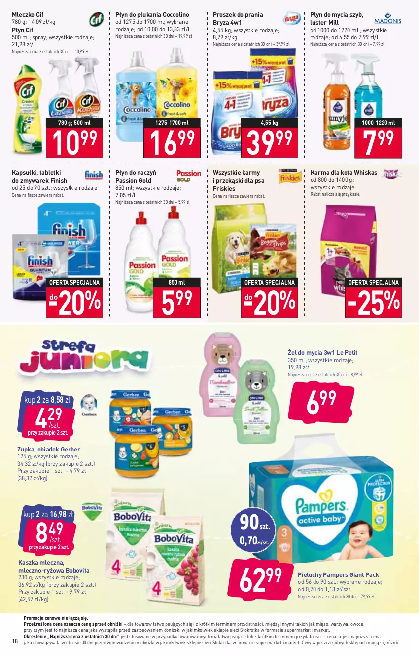 Gazetka promocyjna Stokrotka - Supermarket - ważna 28.12.2023 do 03.01.2024 - strona 19 - produkty: BoboVita, Bryza, Cif, Coccolino, Finish, Friskies, Gerber, Mięso, Mleczko, Owoce, Pampers, Pieluchy, Płyn do mycia, Płyn do płukania, Proszek do prania, Przekąski dla psa, Ryż, Tablet, Warzywa, Whiskas