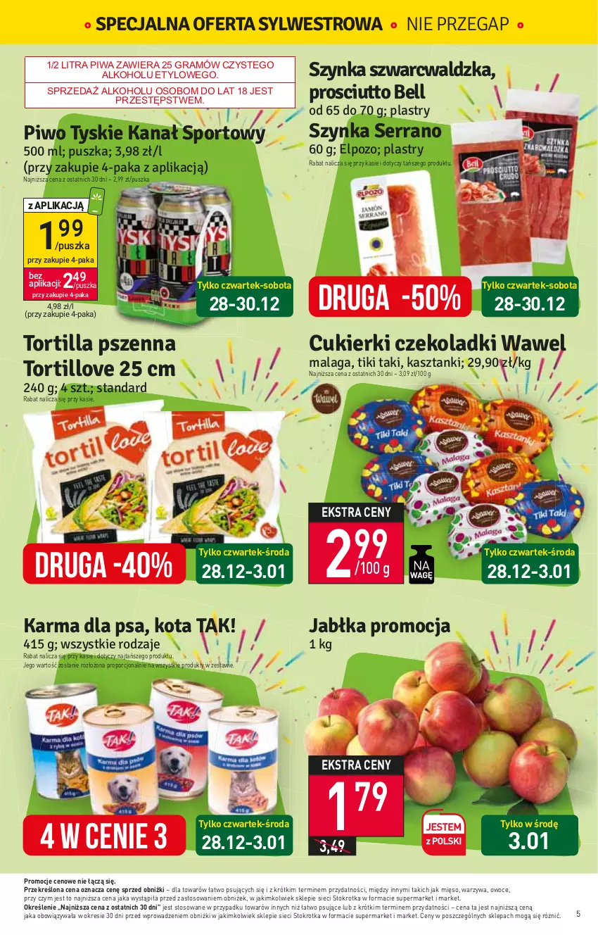 Gazetka promocyjna Stokrotka - Supermarket - ważna 28.12.2023 do 03.01.2024 - strona 5 - produkty: Bell, Cukier, Cukierki, Gra, Mięso, Owoce, Piwa, Por, Prosciutto, Ser, Szynka, Tortilla, Warzywa, Wawel