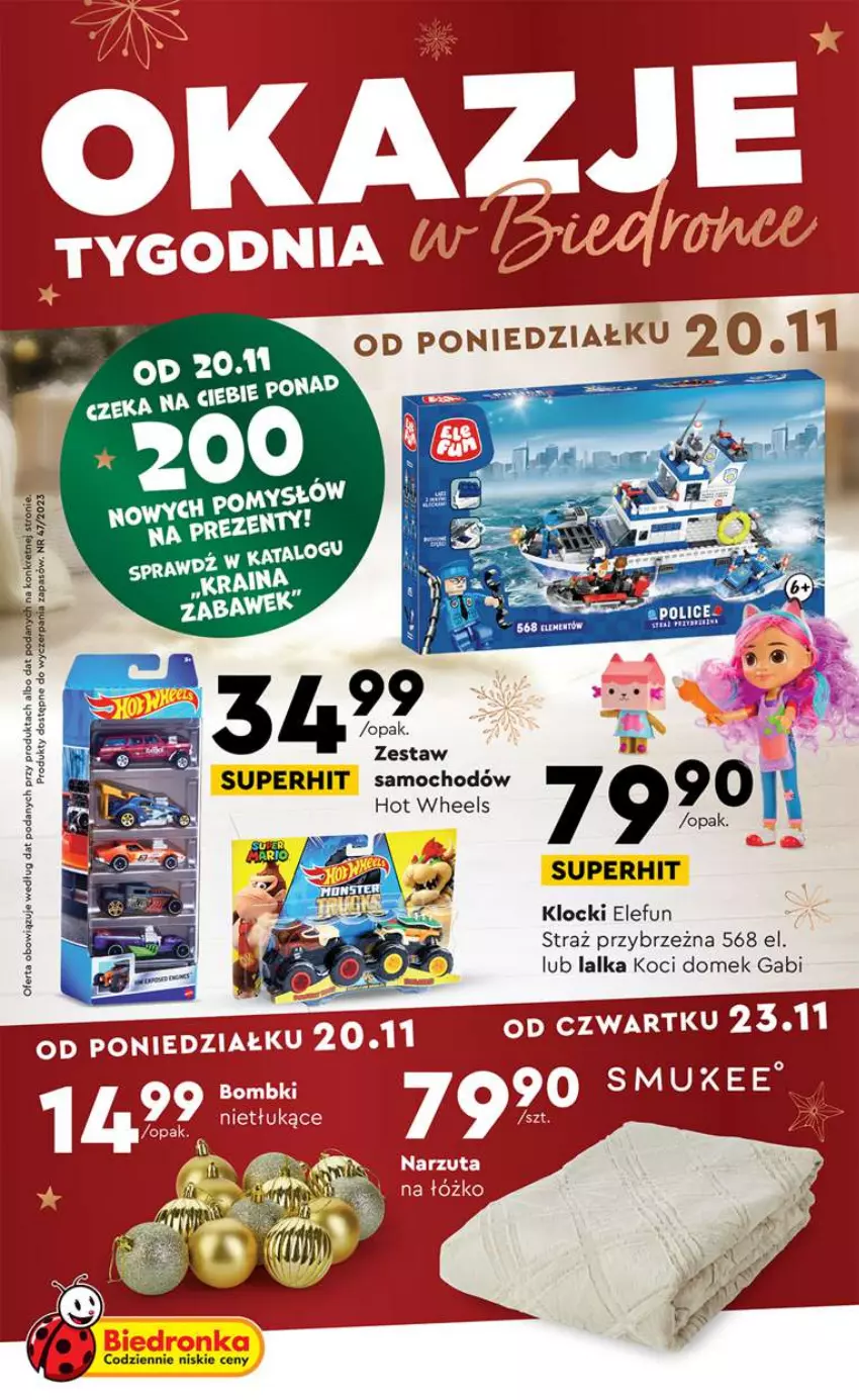 Gazetka promocyjna Biedronka - Prezenty - ważna 20.11 do 02.12.2023 - strona 1 - produkty: Hot Wheels, Klocki, Koc, Lalka