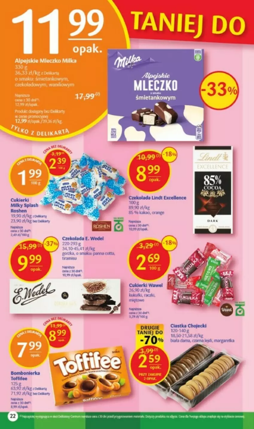 Gazetka promocyjna Delikatesy Centrum - ważna 03.08 do 09.08.2023 - strona 15 - produkty: Ciastka, Cukier, Cukierki, Czekolada, E. Wedel, Kakao, Lindt, Mleczko, Toffifee, Wawel