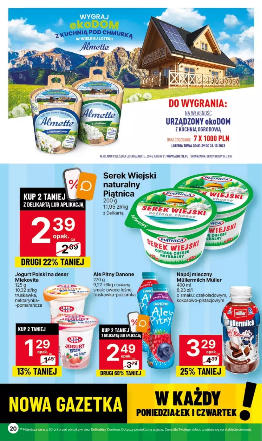 Gazetka promocyjna Delikatesy Centrum - Gazetka DC41czw-sr - ważna 19.10 do 25.10.2023 - strona 20 - produkty: Almette, Danone, Deser, Gra, Jogurt, Kokos, Napój, Napój mleczny, Nektar, Nektarynka, Owoce, Piątnica, Ser, Serek, Serek wiejski