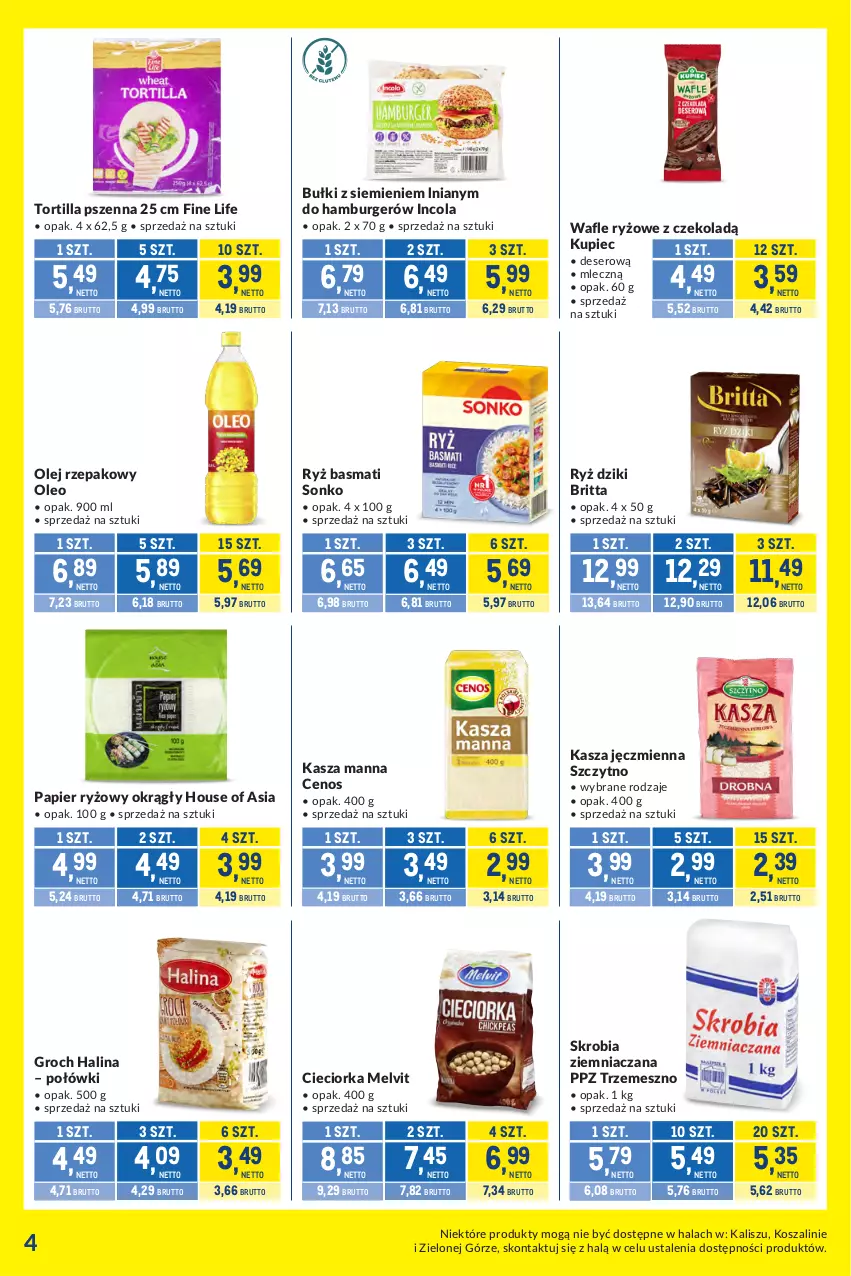 Gazetka promocyjna Makro - Kupujesz więcej płacisz mniej - ważna 07.07 do 03.08.2026 - strona 4 - produkty: Brit, Burger, Cenos, Cieciorka, Deser, Groch, Hamburger, Kasza, Kasza jęczmienna, Kosz, Kupiec, Melvit, Olej, Olej rzepakowy, Oleo, Orka, Papier, Papier ryżowy, Piec, Ryż, Ryż basmati, Ser, Sonko, Szal, Tortilla, Wafle
