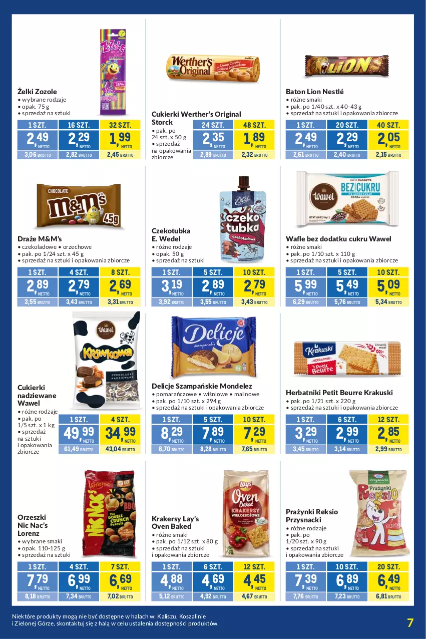Gazetka promocyjna Makro - Kupujesz więcej płacisz mniej - ważna 07.07 do 03.08.2026 - strona 7 - produkty: Baton, Cukier, Cukierki, Cukierki nadziewane, Delicje, E. Wedel, Gin, Herbatniki, Herbatniki Petit Beurre, Kosz, Krakersy, Krakus, Krakuski, Lay’s, Lion, Lorenz, Nestlé, Orzeszki, Przysnacki, Szal, Wafle, Wawel