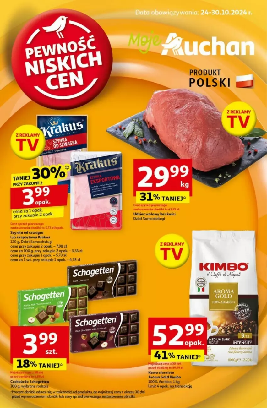 Gazetka promocyjna Auchan - ważna 24.10 do 30.10.2024 - strona 1 - produkty: BIC, Czekolada, Gra, Krakus, Por, Schogetten, Sport, Szynka, Tran, Udziec wołowy