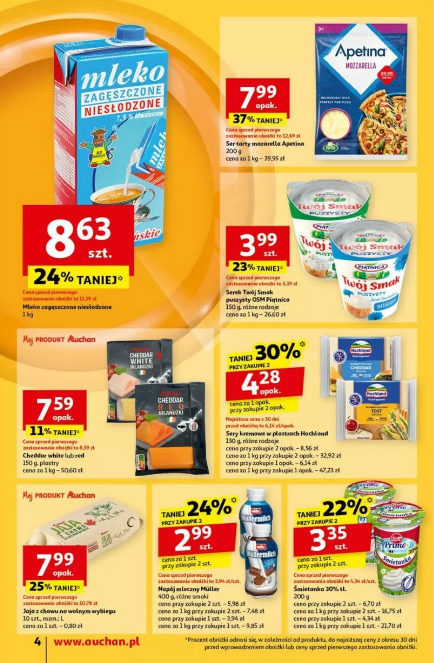 Gazetka promocyjna Auchan - ważna 24.10 do 30.10.2024 - strona 7 - produkty: Cheddar, Hochland, Jaja, Mleko, Mleko zagęszczone, Mozzarella, Napój, Napój mleczny, Piątnica, Ser, Serek, Twój Smak