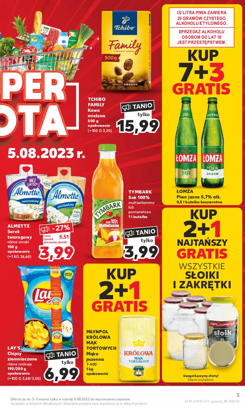 Gazetka promocyjna Kaufland - Gazetka tygodnia - ważna 03.08 do 09.08.2023 - strona 3 - produkty: Almette, Chipsy, Fa, Gra, Kawa, Kawa mielona, Mąka, Mąka pszenna, Młynpol, Piwa, Piwo, Piwo jasne, Ser, Serek, Serek twarogowy, Sok, Tchibo, Tchibo Family, Tymbark, Waga