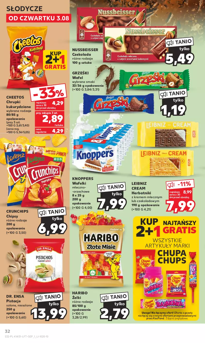 Gazetka promocyjna Kaufland - Gazetka tygodnia - ważna 03.08 do 09.08.2023 - strona 32 - produkty: Cheetos, Chipsy, Chrupki, Chupa Chups, Crunchips, Czekolada, Gra, Grześki, Haribo, Herbatniki, Knoppers, Pistacje, Ser, Waga