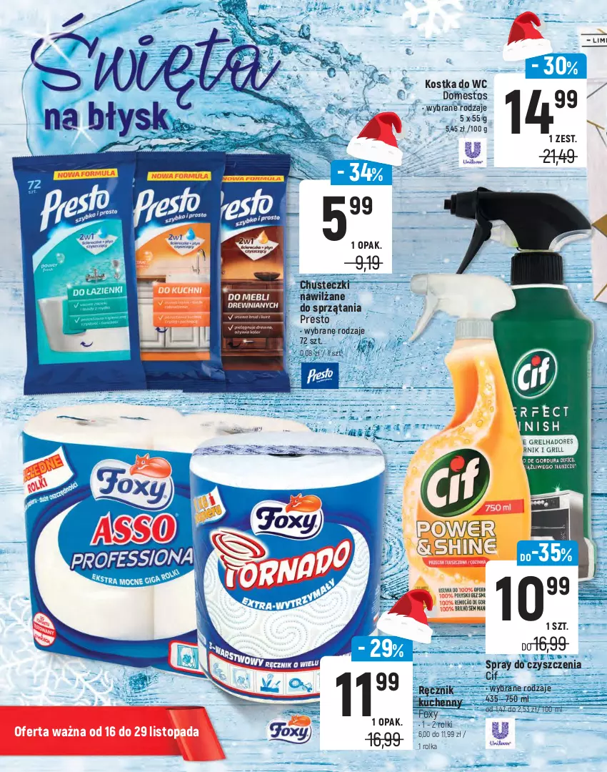 Gazetka promocyjna Intermarche - Dekoracje Świąteczne - ważna 16.11 do 29.11.2021 - strona 24 - produkty: Chusteczki, Cif, Domestos, Foxy, Kostka do wc, Odświeżacz powietrza, Płyn do wc, Presto, Ręcznik, Ręcznik kuchenny, Rolki, Sidolux, Spray do czyszczenia, Top