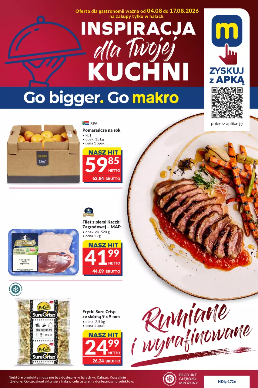 Gazetka promocyjna Makro - Oferta dla gastronomii - ważna 04.08 do 17.08.2026 - strona 1 - produkty: Filet z piersi kaczki, Frytki, Kosz, O nas, Pomarańcze, Rum, Sok, Szal