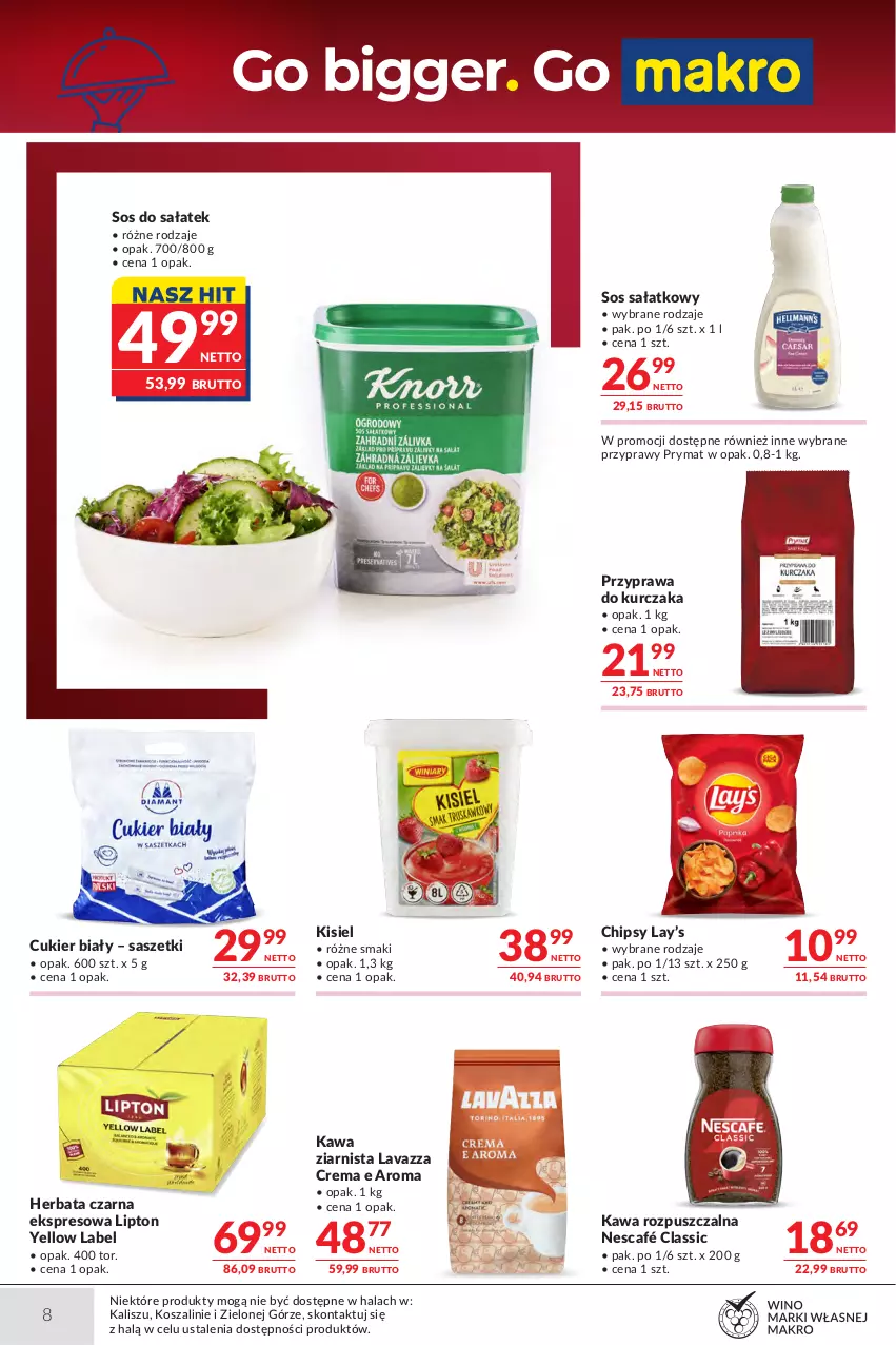 Gazetka promocyjna Makro - Oferta dla gastronomii - ważna 04.08 do 17.08.2026 - strona 8 - produkty: Chipsy, Cukier, Herbata, Herbata czarna, Kawa, Kawa rozpuszczalna, Kawa ziarnista, Kisiel, Kosz, Kurczak, Lavazza, Lay’s, Lipton, Nescafé, Prymat, Przyprawy, Sałat, Sos, Sos do sałatek, Szal