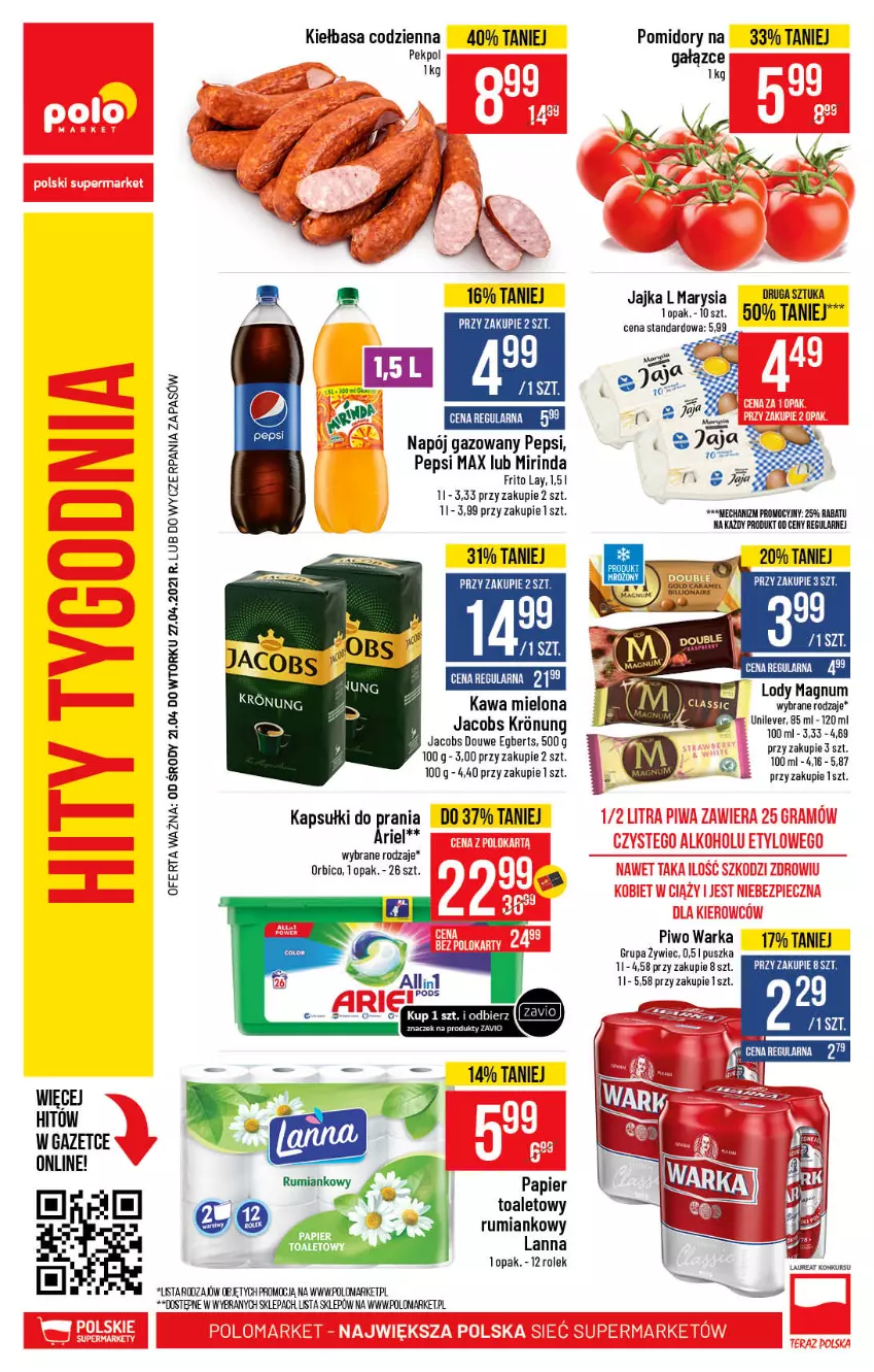 Gazetka promocyjna PoloMarket - Gazetka promocyjna - ważna 21.04 do 27.04.2021 - strona 46 - produkty: Ariel, BIC, Jacobs, Kapsułki do prania, Kawa, Kawa mielona, Kiełbasa, Lody, Mirinda, Napój, Napój gazowany, Papier, Pekpol, Pepsi, Pepsi max, Piwo, Pomidory, Rum, Warka