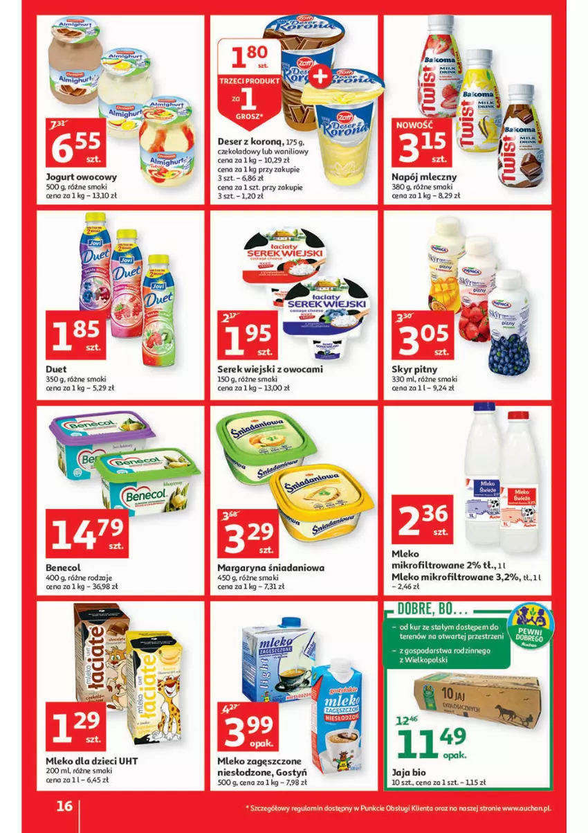 Gazetka promocyjna Auchan - przeNISKIE CENY lecą w dół Hipermarkety - ważna 24.02 do 02.03.2022 - strona 16 - produkty: Benecol, Danio, Deser, Dzieci, Jaja, Jogurt, Jogurt owocowy, Margaryna, Mleko, Mleko dla dzieci, Mleko mikrofiltrowane, Mleko zagęszczone, Napój, Napój mleczny, Piec, Ser, Serek, Serek wiejski