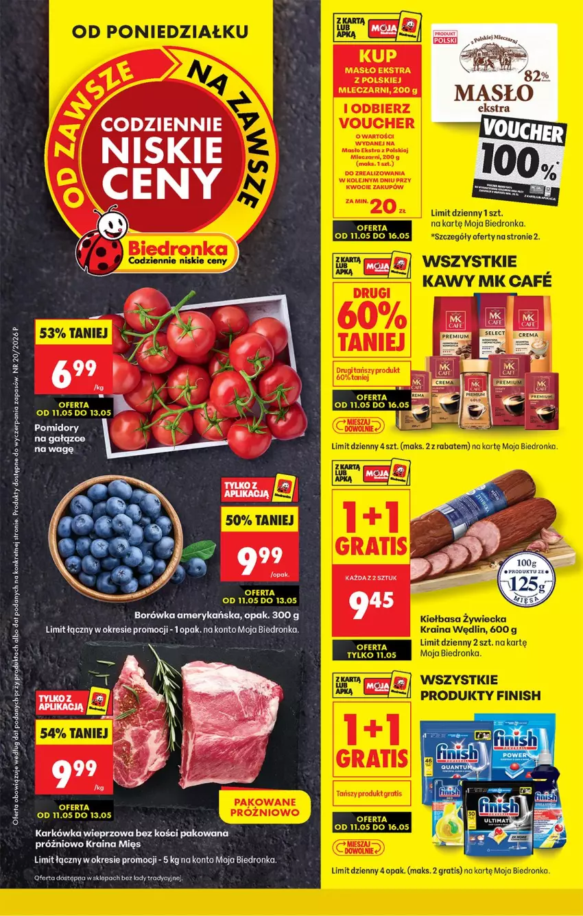 Gazetka promocyjna Biedronka - Od Poniedziałku - ważna 11.05 do 16.05.2026 - strona 1 - produkty: Borówka, Borówka amerykańska, Karkówka wieprzowa, Kiełbasa, Kret, Pomidory