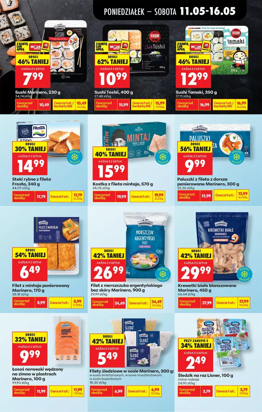 Gazetka promocyjna Biedronka - Od Poniedziałku - ważna 11.05 do 16.05.2026 - strona 47 - produkty: Dorsz, Fa, Filet z mintaja, Filet z morszczuka, Frosta, Krewetki, Lisner, Mintaj, Mus, Sos, Stek, Sushi