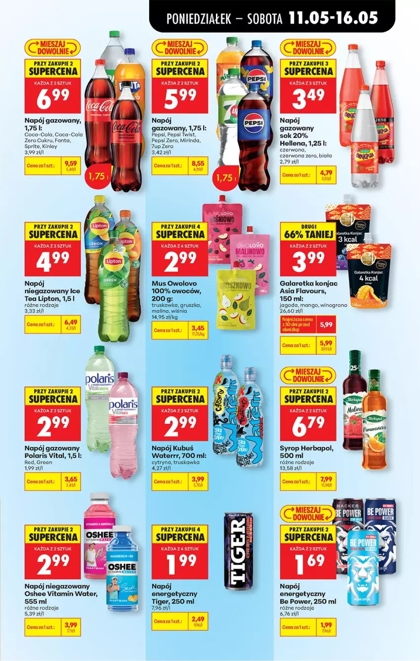 Gazetka promocyjna Biedronka - Od Poniedziałku - ważna 11.05 do 16.05.2026 - strona 77 - produkty: Coca-Cola, Fa, Fanta, Gala, Galaretka, Hellena, Herbapol, Ice tea, Lipton, Mango, Mirinda, Mus, Napój, Napój energetyczny, Napój gazowany, Napój niegazowany, Oshee, Pepsi, Sok, Sprite, Syrop, Tiger, Wino