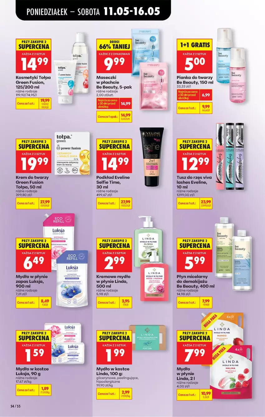 Gazetka promocyjna Biedronka - Od Poniedziałku - ważna 11.05 do 16.05.2026 - strona 84 - produkty: Be Be, Eveline, Fa, Fusion, Krem do twarzy, Luksja, Makijaż, Mango, Masło, Mydło, Mydło w płynie, Nuty, Peeling, Płyn micelarny, Podkład, Tołpa, Tusz