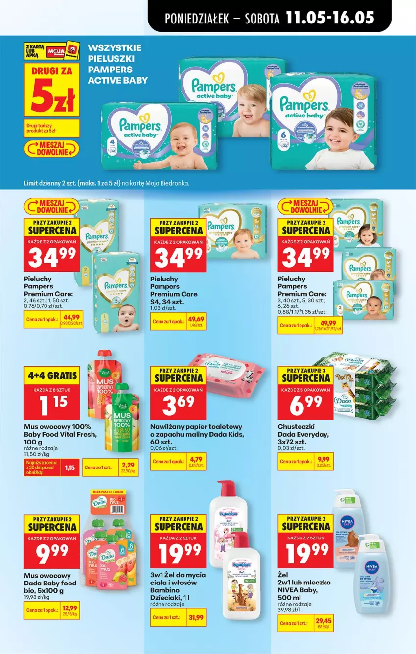 Gazetka promocyjna Biedronka - Od Poniedziałku - ważna 11.05 do 16.05.2026 - strona 91 - produkty: Chusteczki, Dada, Dzieci, Maliny, Mleczko, Mus, Nawilżany papier, Nivea, Nivea Baby, Pampers, Papier, Papier toaletowy, Pieluchy, Por