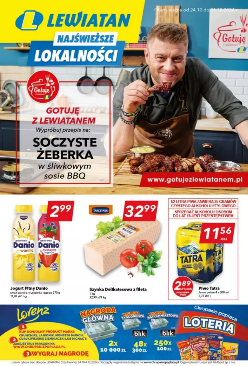 Gazetka promocyjna Lewiatan - ważna 24.10 do 31.10.2024 - strona 1 - produkty: Crunchips, Danio, Jogurt, Jogurt pitny, Lajkonik, Monster Munch, Piwo, Sos, Szynka, Szynka delikatesowa, Tatra