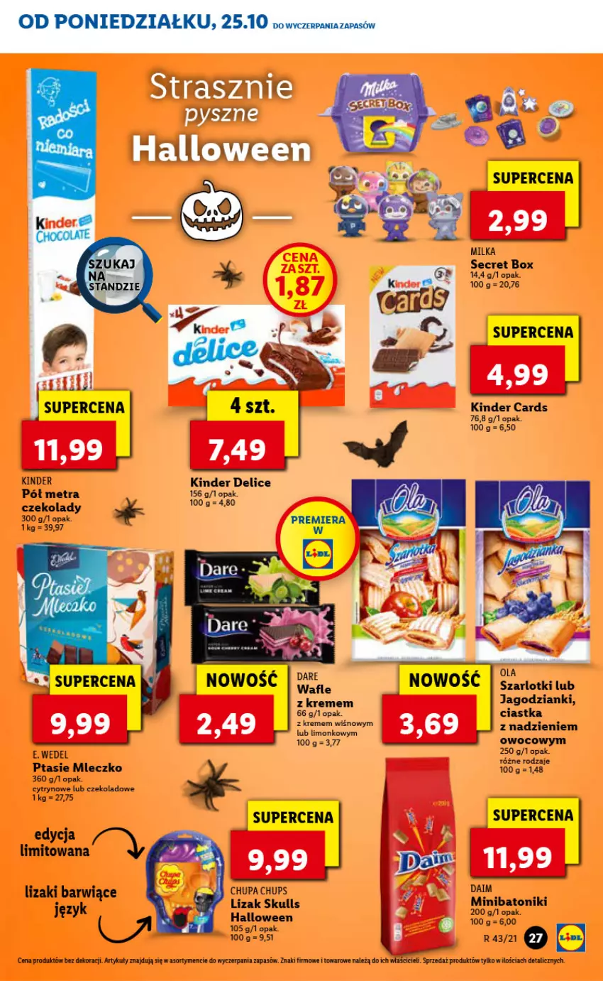 Gazetka promocyjna Lidl - GAZETKA - ważna 25.10 do 27.10.2021 - strona 27 - produkty: Chupa Chups, Ciastka, E. Wedel, Kinder, Lizaki, Milka, Mleczko, Ptasie mleczko, Wafle