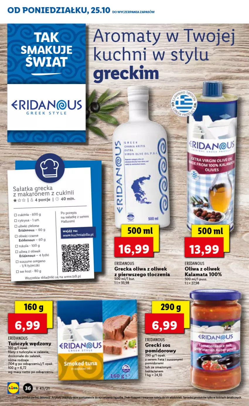 Gazetka promocyjna Lidl - GAZETKA - ważna 25.10 do 27.10.2021 - strona 36 - produkty: Feta, Kuchnia, Makaron, Oliwa z oliwek, Oliwki, Oliwki zielone, Por, Rukola, Sałat, Sałatka, Ser, Sos, Tuńczyk