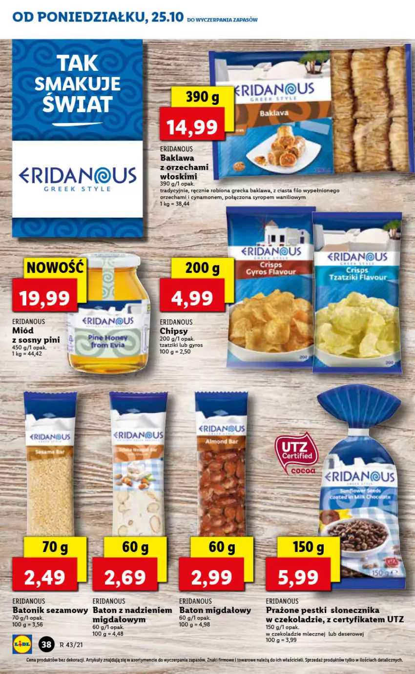 Gazetka promocyjna Lidl - GAZETKA - ważna 25.10 do 27.10.2021 - strona 38 - produkty: Baton, Chipsy, Deser, Gyros, Miód, Ser, Sezam, Sos, Tonik