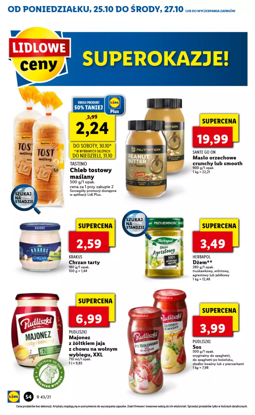 Gazetka promocyjna Lidl - GAZETKA - ważna 25.10 do 27.10.2021 - strona 54 - produkty: Chleb, Chleb tostowy, Chrzan, Dżem, Gin, Gres, Herbapol, Jaja, Krakus, Majonez, Masło, Piec, Pieczarka, Pudliszki, Sante, Spaghetti