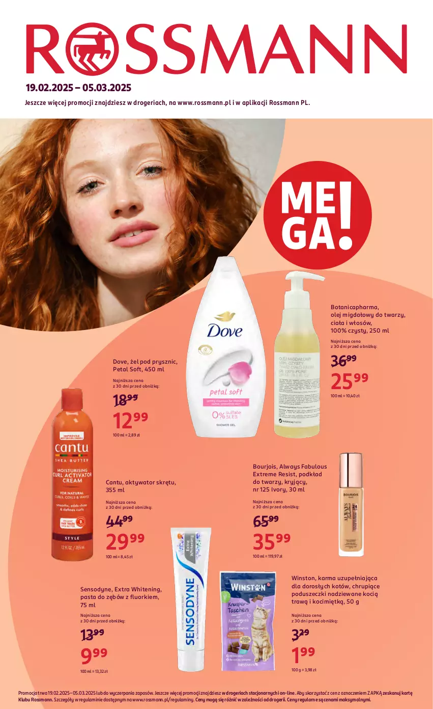 Gazetka promocyjna Rossmann - 19 lutego - ważna 19.02 do 05.03.2025 - strona 1 - produkty: Always, Bourjois, Dove, Fa, Koc, Olej, Pasta do zębów, Podkład, Podkład do twarzy, Sensodyne, Winston