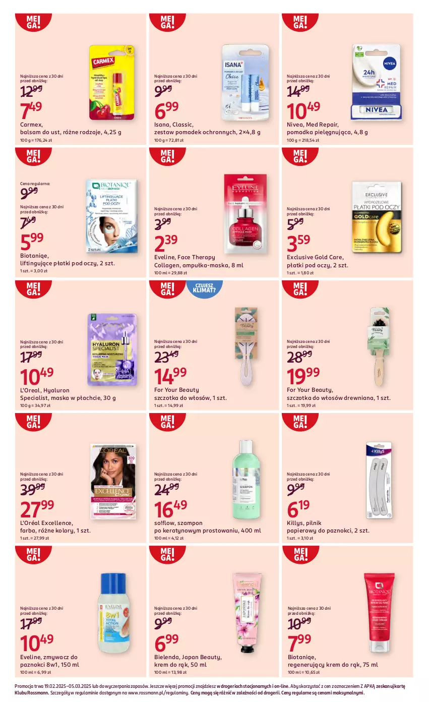 Gazetka promocyjna Rossmann - 19 lutego - ważna 19.02 do 05.03.2025 - strona 10 - produkty: Balsam do ust, Bielenda, Eveline, Fa, For Your Beauty, Isana, Killys, Krem do rąk, L’Oréal, Maska, Maska w płachcie, Nivea, Papier, Pilnik, Szampon, Szczotka, Szczotka do włosów, Zmywacz do paznokci