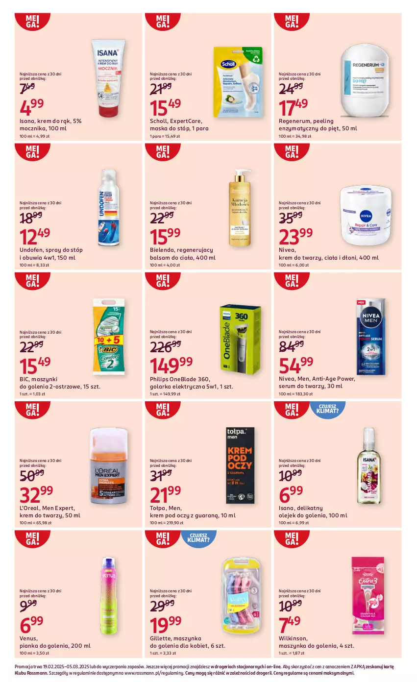 Gazetka promocyjna Rossmann - 19 lutego - ważna 19.02 do 05.03.2025 - strona 11 - produkty: Balsam do ciała, BIC, Bielenda, Gillette, Golarka, Isana, Krem do rąk, Krem do twarzy, Krem pod oczy, Maska, Maska do stóp, Maszynka, Maszynka do golenia, Nivea, Olej, Peeling, Philips, Philips OneBlade, Pianka do golenia, Rum, Scholl, Ser, Serum, Serum do twarzy, Szynka, Tołpa, Undofen, Venus